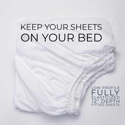 White fitted sheet on a light gray background with text about sheet features.