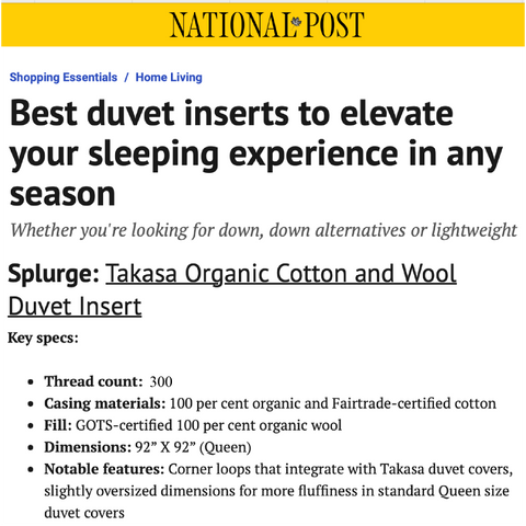 Takasa wool duvet insert review by National Post