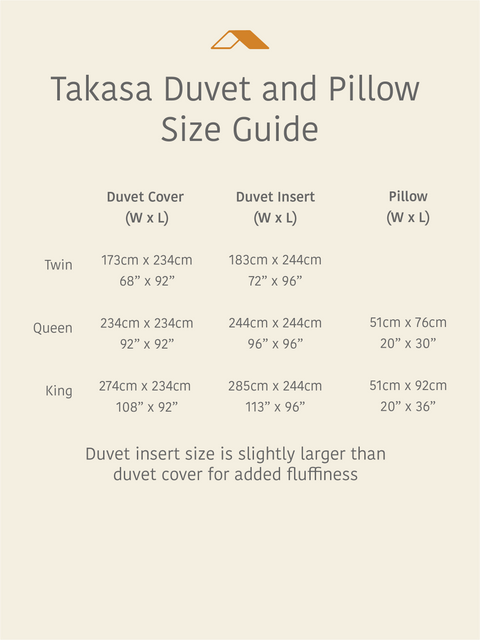 Takasa Organic Cotton and Canadian Down Duvet Insert Size Guide